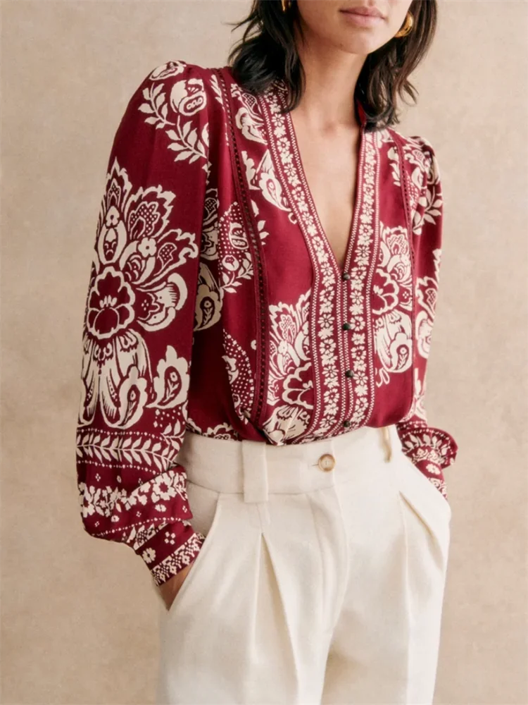 

Blouse for Women 2024 New Spring V-Neck Floral Printed Lace Patchwork Hollow Out Ethnic Style Long Sleeve Shirts