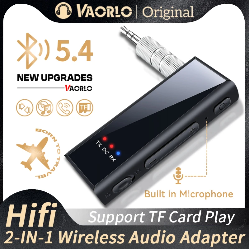 VAORLO Bluetooth 5.4 Audio Transmitter Receiver 3.5MM AUX Stereo Music Wireless Adapter With Mic Support TF Card Play For Car TV PC