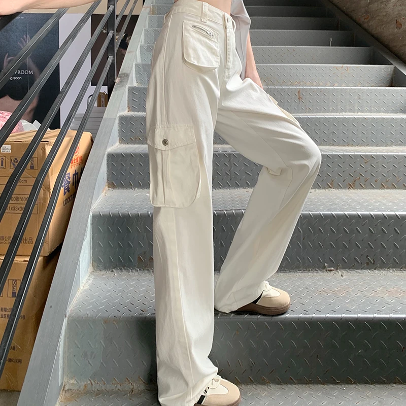 Loose 100% Cotton Cargo Jeans Women High Waist Multi Pocket Workwear Pants Baggy American Wide Leg Streetwear Y2K Denim Trousers