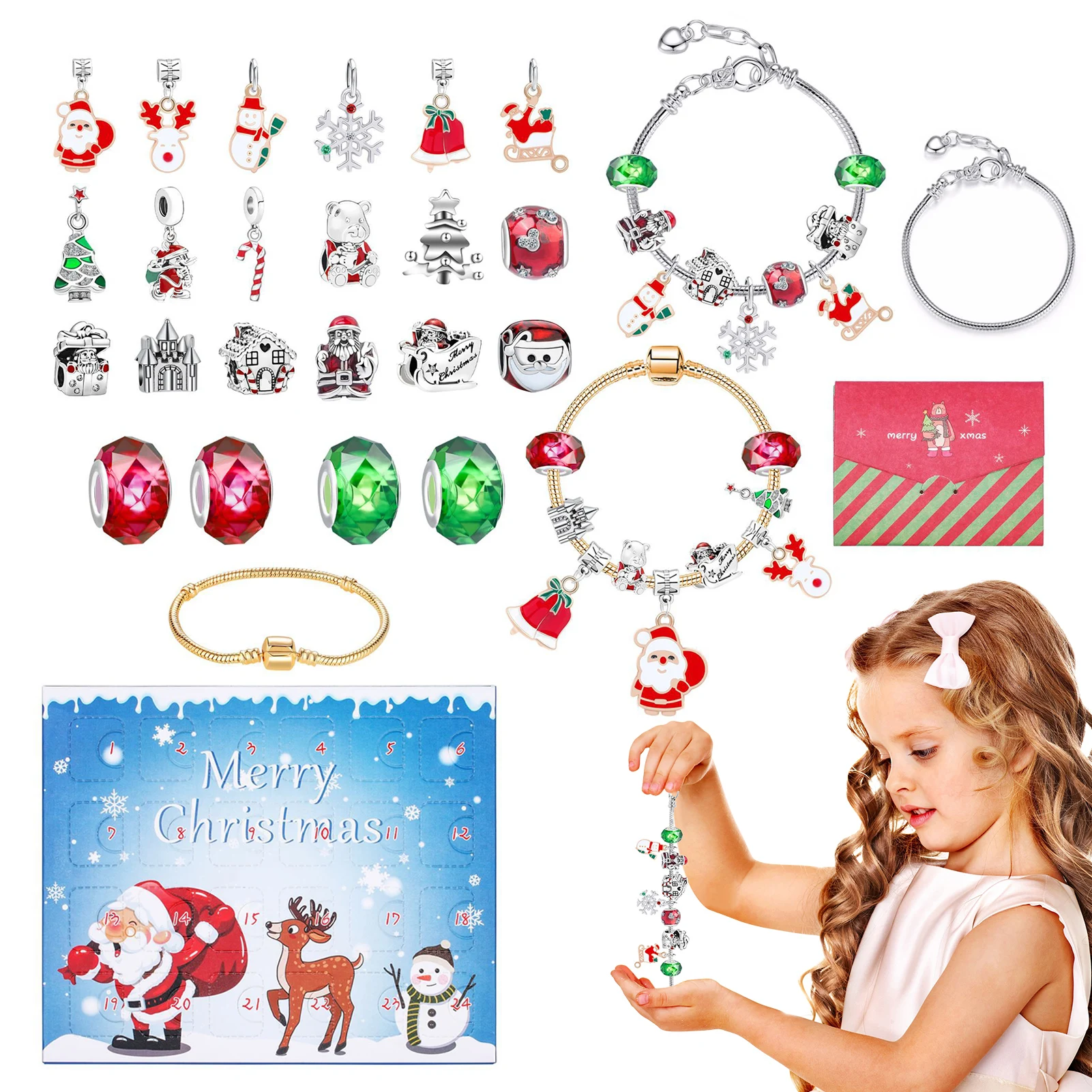 Christmas Countdown Advent Calendars Box Jewelry Advent Calendar With 2 Adjustable Bracelets 2 Necklaces, 22 Charm Beads