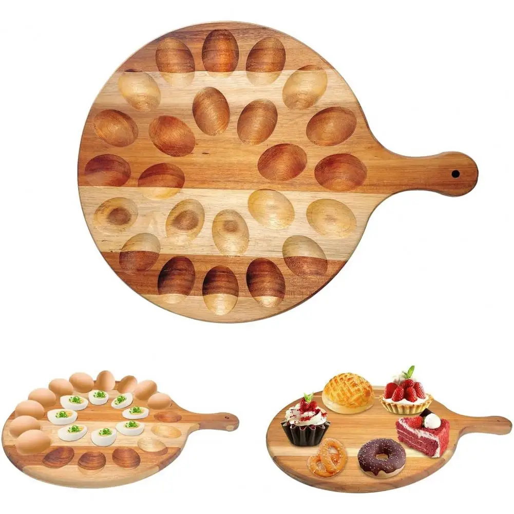 Egg Storage Plate Wooden Easter Deviled Egg Platter with Handle Round Charcuterie Serving Board for 24 Eggs Countertop Egg Tray 6