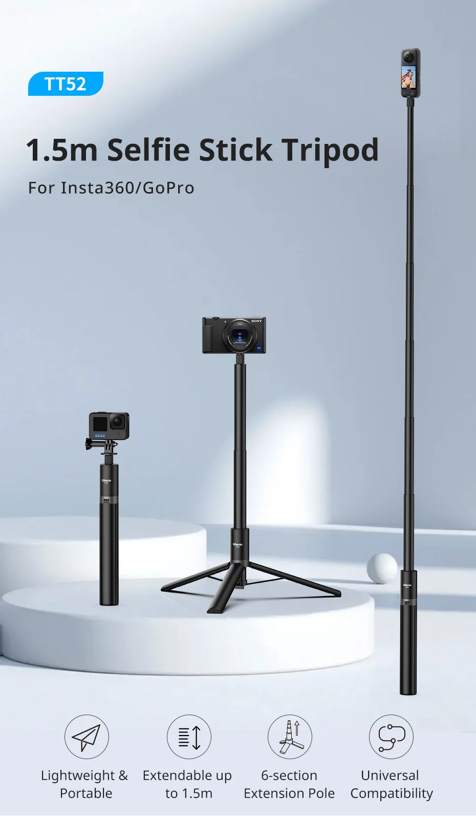 1.5m Portable Selfie Stick Tripod for Insta360/GoPro 28-150cm 800g Load for Live