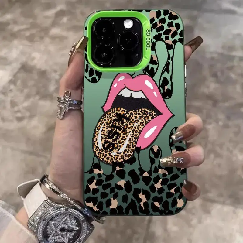 Hot Red Lip Leopard Print Matte Phone Case - Stylish Back Cover with Bold Design