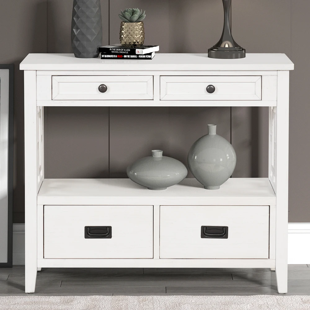 36" Farmhouse Console Table with 4 Drawers & 1 Shelf - Antique White 2