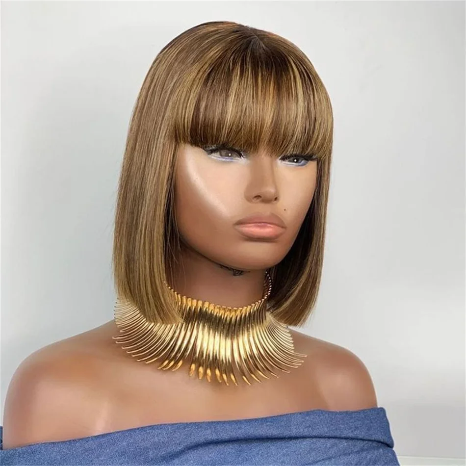 

Highlight Short Straight Bob Wig With Bangs Brazilian Human Hair Bob Wigs For Women Full Machine Made Ombre Colored Bob Wig Sale