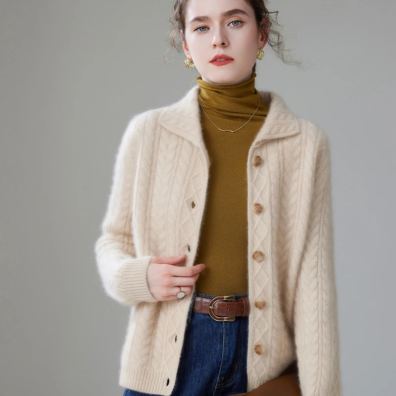 

100% кашемировые вязаные свитера с отложным воротником в Корейском стиле, женский кардиган, модная повседневная утепленная рубашка с длинным рукавом, однотонные Топы