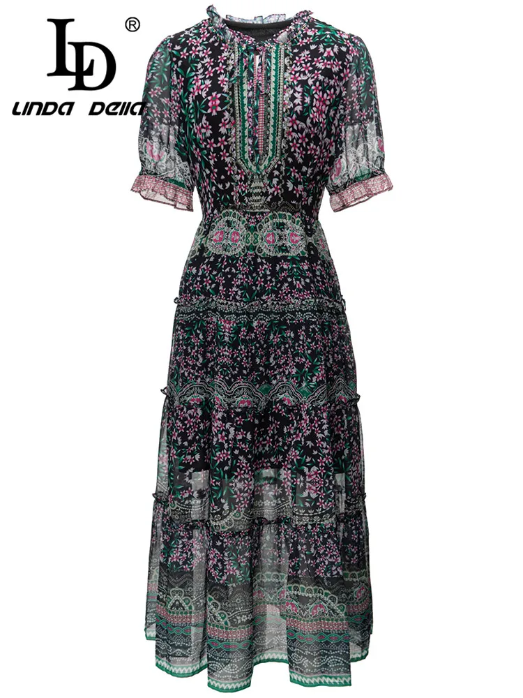 LD LINDA DELLA Summer Runway Designer Vintage Elegant Party    Dress Women Round Neck High Waist  Print   Transparent  Dress