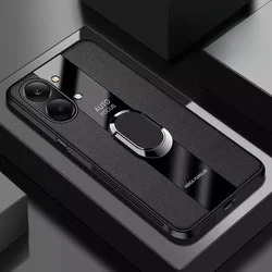 Plexiglass PU Leather Case with Magnetic Metal Ring Stand - Shockproof Protection Cover for Redmi Turbo 5 (Black)