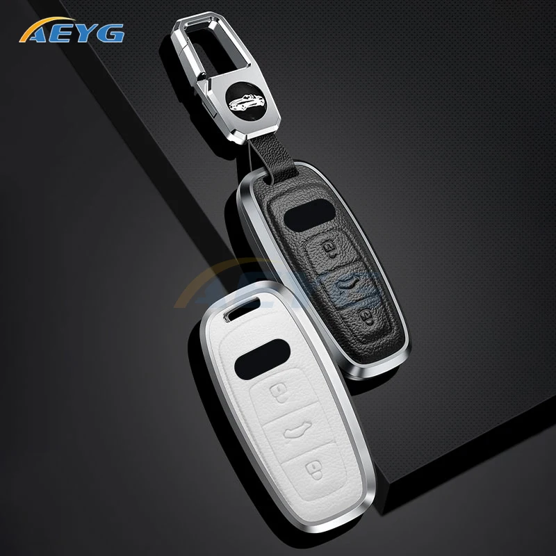 

Leather+Metal Car Remote Key Case Cover For Audi A6 A7 A8 E-tron Q5 Q7 Q8 C8 D5 Keyless Holder Bag Protector Shell Accessories