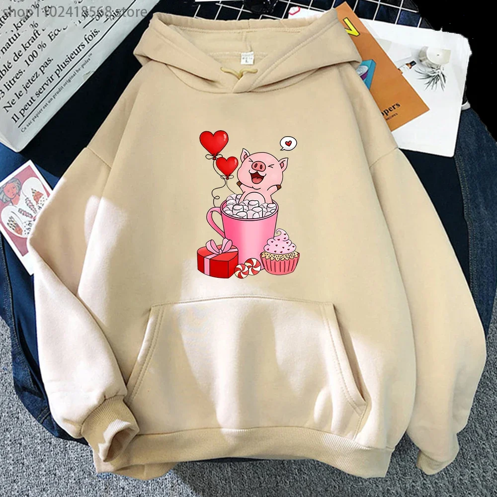 

Valentine's Day Hoodie for Women Cartoon Cute Pig In Mug Print Sweatshirt Men Aesthetic Clothes Harajuku Kawaii Girls Streetwear