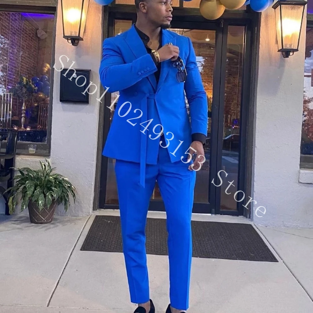 2023 Fashion Royal Blue Male Suits Slim Fit Peak Lapel 2 Pieces Best Men Wedding Suits Groom Tuxedos Blazer+Pants Costume Homme