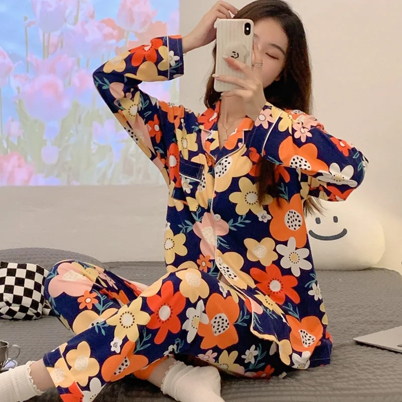 Cardigan small lapel imitation cotton women's pajamas suit spring new long-sleeved autumn pajamas girls sweet casual home wear