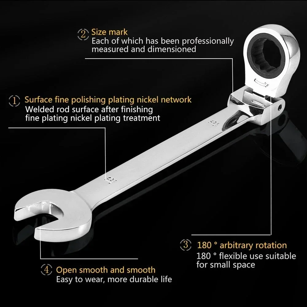 Flexible Pivoting Head Ratchet Combination Spanner Wrench Tool