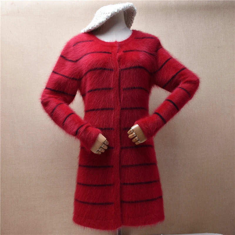 

Female Women Fall Winter Clothing Red Striped Hairy Mink Cashmere Knitted Medium Long Slim Cardigans Angora Fur Jacket Sweater