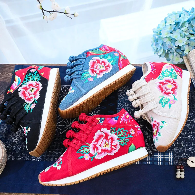 Fashion Single Shoes/plush Women Casual Canvas Embroidered Sneakers Mid Top Lace Up Ladies Comfort Denim Cotton Travel Shoes 4