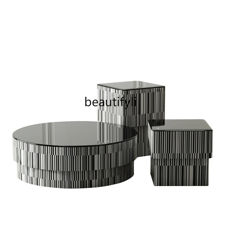 

Italian Black and White Plaid Coffee Table round Tea Table Glass French Style SideCombination Living Room Artistic Style