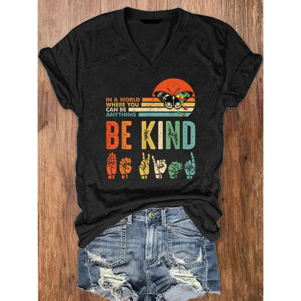 

Rheaclots Women's Butterfly Be Kind Autism Awareness Print V-Neck Short Sleeve T-Shirt