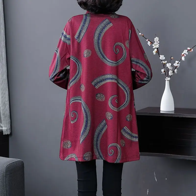 Women's Polo Neck Trench Spring and Autumn Midi Fashion 2023 New Middle-aged Trendy Printed Long Sleeved Pockets Cardigan Coat