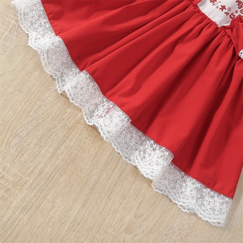 

Girls Christmas Sweet Princess Dress Red Long Sleeve Ruffle Letter Print Lace Trim Dress