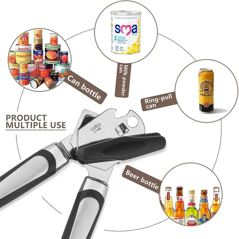 Multi-Function Stainless Steel Beer Grip Can Opener Manual Can Opener with Side-Cutting Mechanism for Cans and Bottles