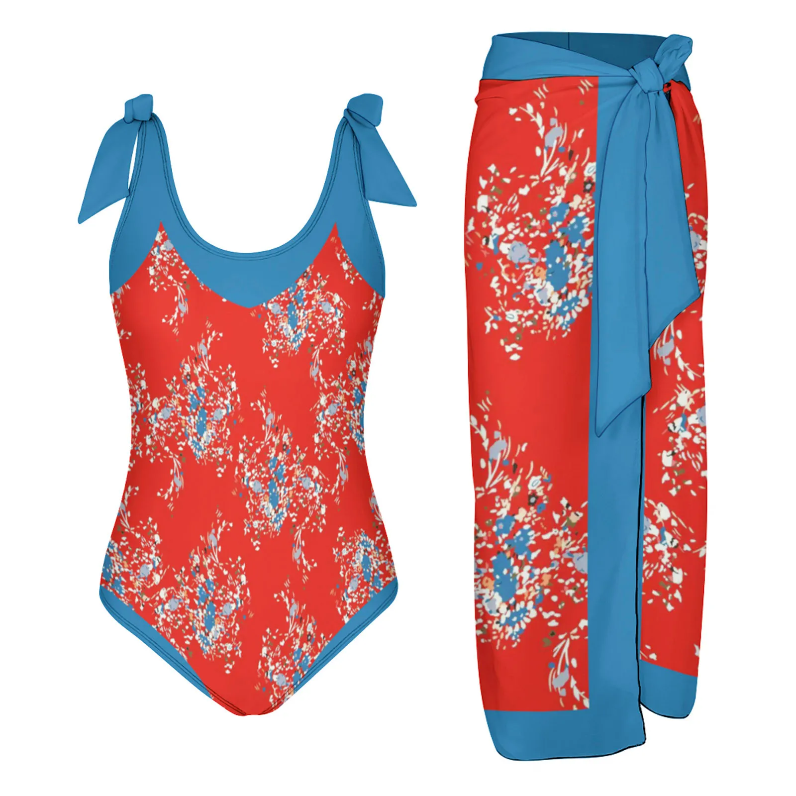 

Women Vintage Colorblock Abstract Floral Print 1 Piece Swimwear+1 Piece Cover UP Two Piece Vintage Print Swimsuit Monokini