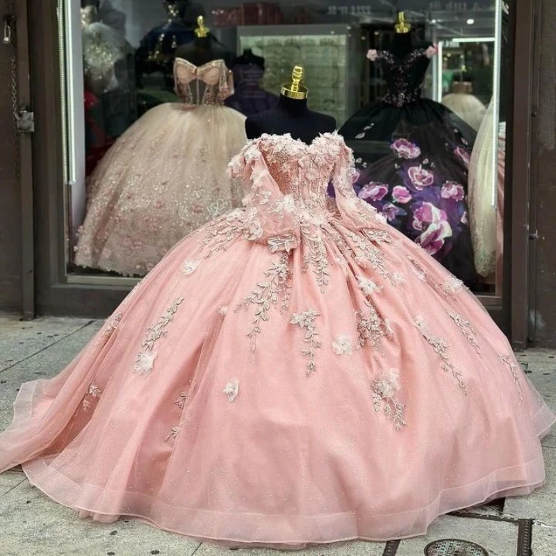 

Light Pink Shiny Princess Sweetheart Ball Gown Quinceanera Dress Long Sleeve Beaded Appliques Party Gowns Vestidos De 15 Anos