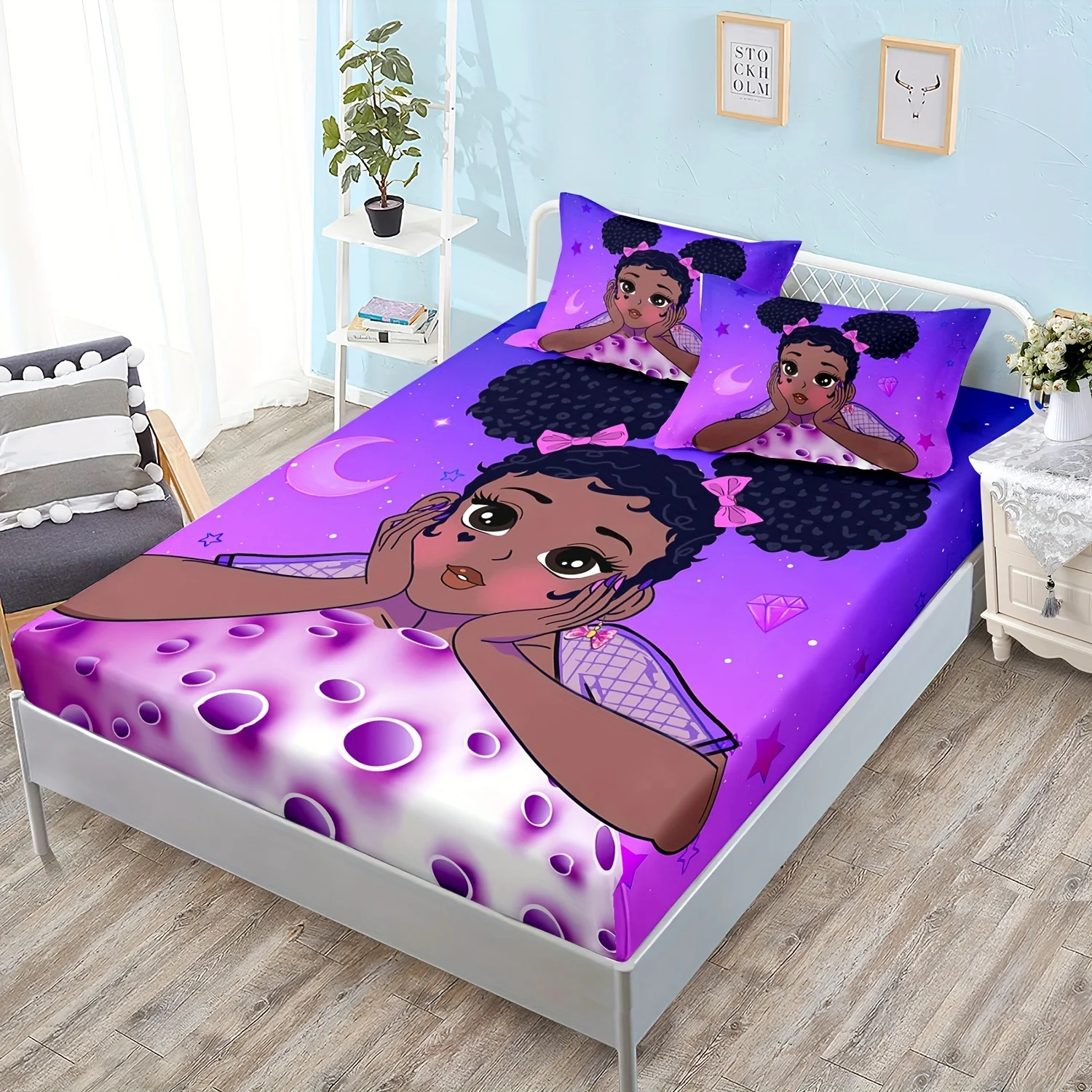 

3pcs 100% Polyester Black Hair Girl Print Fitted Sheet Set Bedroom Decoration, African American Black Girl Pattern Girl Bedding