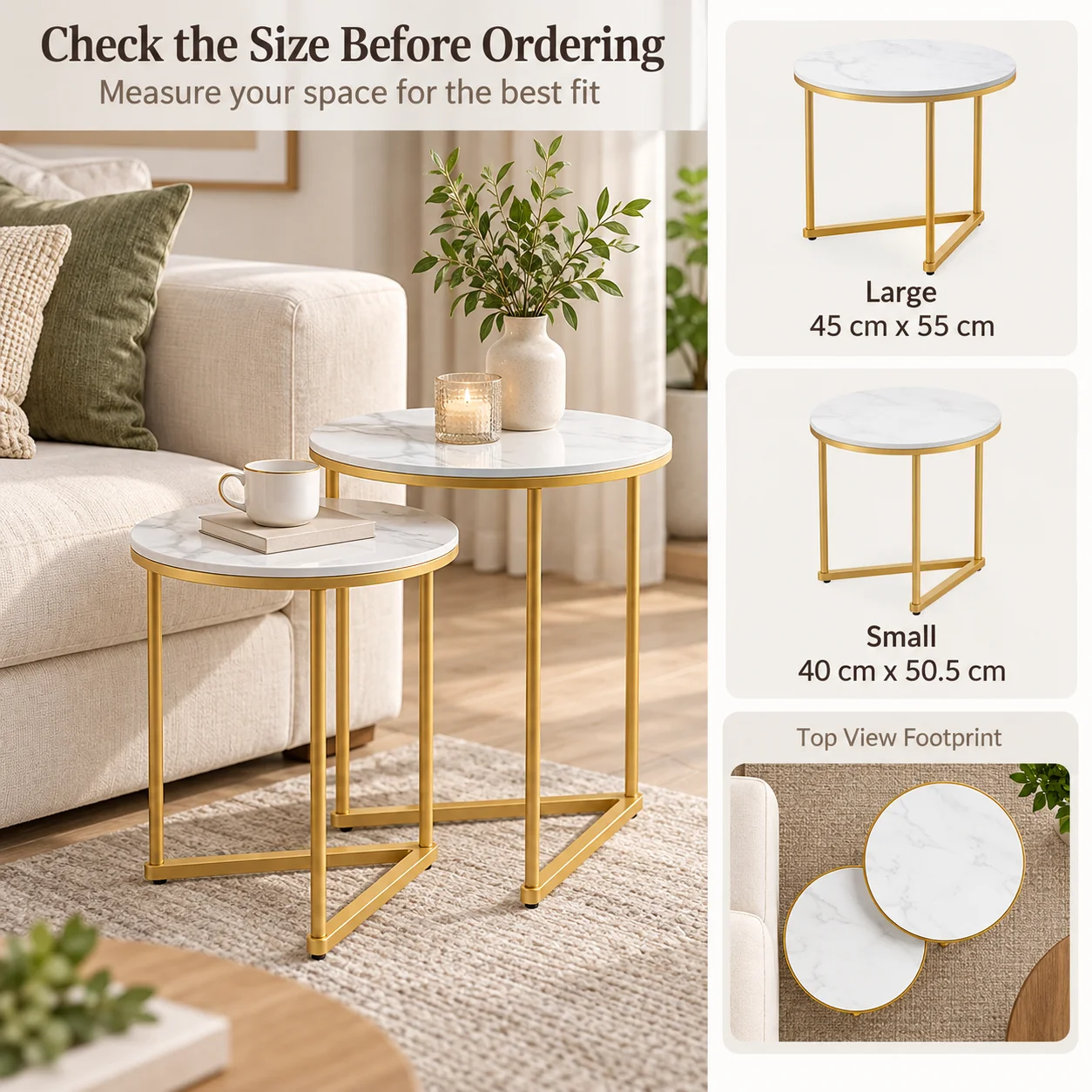 Set of 2 Round Nesting Side Tables 45cm Sintered Stone Tops Gold Metal Frame for Living Room Sofa Side