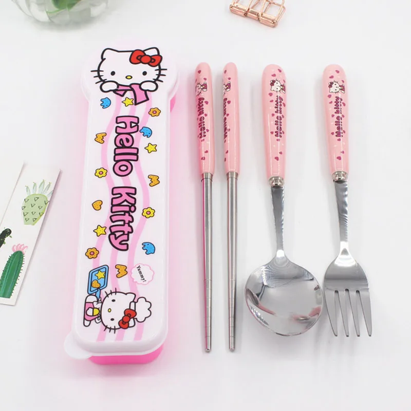 Kawaii Sanrio Tableware Hello Kittys Accessories Cute Anime Student  Portable Stainless Steel Spoon Fork Chopsticks Set Girl Gift _ - AliExpress  Mobile