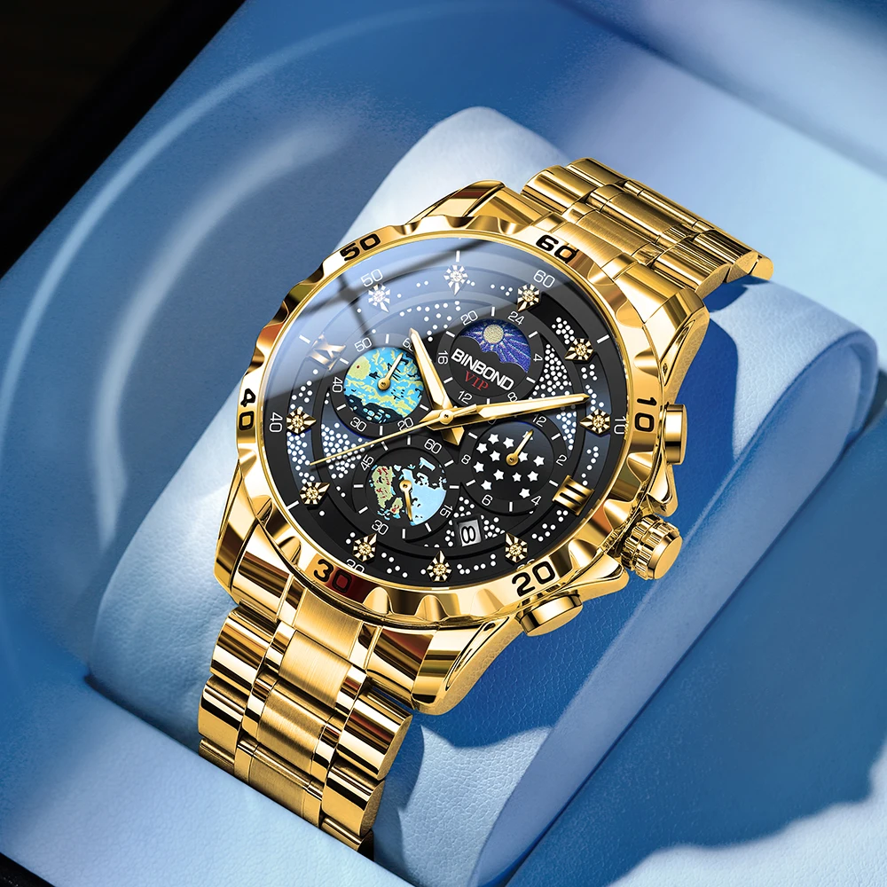 BINBOND New 3225 Starry Sky Van Gogh Men's Quartz Watch Date