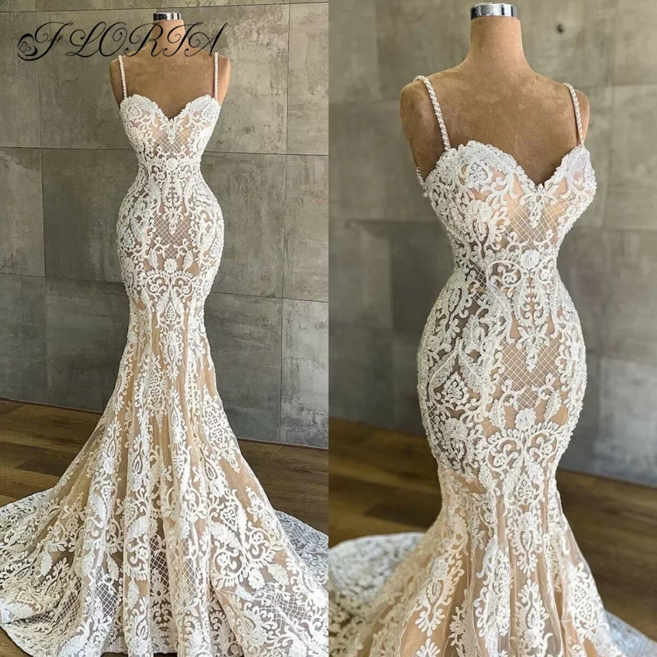 

Fashion Boho Mermaid Wedding Dress 2022 Ivory Spaghetti Straps Lace Applique Arabic Bridal Gown Vestido De Noiva de mariee