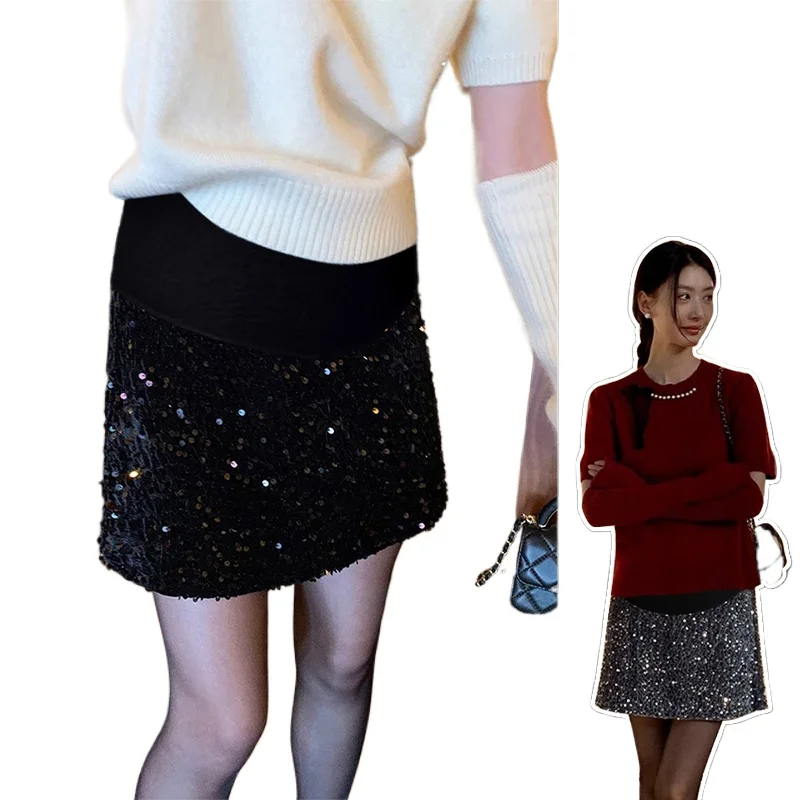Spring Maternity Belly Skirts Fashion Sequined Skirt Sexy Pregnant Woman Slim Hips Mini Skirts