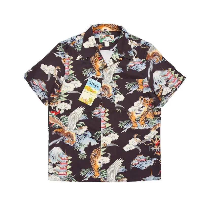 BOB DONG Aloha Shirt Mount Fuji & Animals Print Short-Sleeve Hawaiian Vacation Wear 2