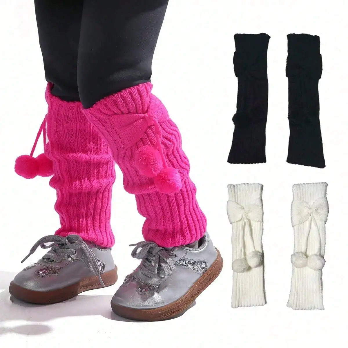 1 Pair Girls Solid Knit Knee High Leg Warmer Comfort Cute Bowknot Leg Cover With Pompoms