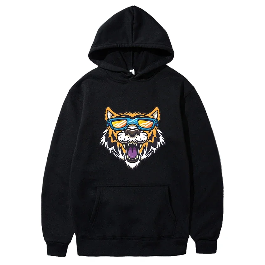 

2024 Men's Autumn Winter O-Neck Pullover Hoodie Sweatshirt Sunglasses Tiger Printed Casual Loose Sweatshir Thickened Long Sleeve