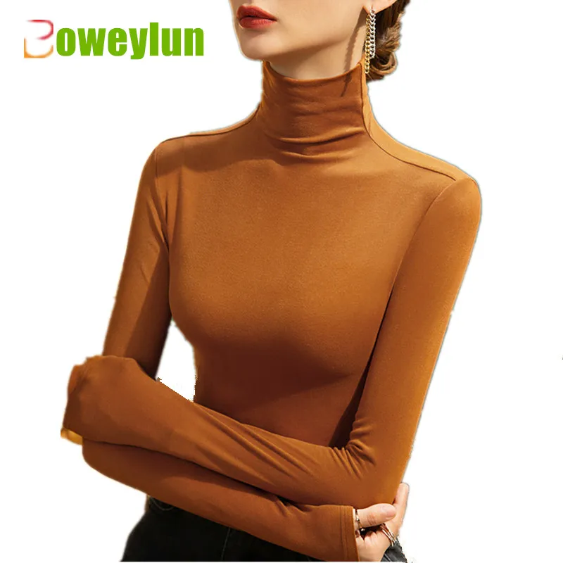 

Boweylun Autumn Milled Slim High Neck Bottom Shirt Women's Comforts Inner Female Solid Turtleneck Long Sleeve T-Shirt