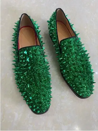 Hot Green Gold Long Spike Rivet Glitter Round Toe Flat Loafers Man