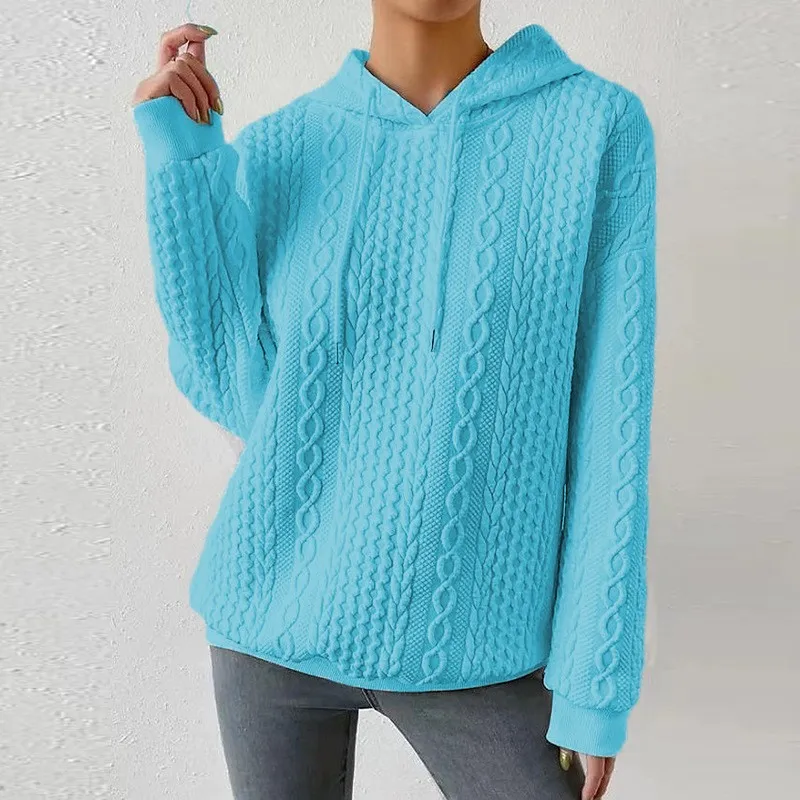 Women's Oversized Medium Weight Long Sleeve Solid Color Hoodie with Drawstring Casual Mid-Length Jacquard Women's Sweatshirt