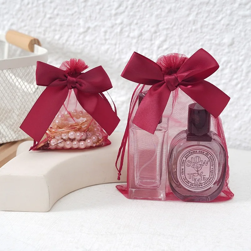 10PCS Sweet Bowknot Organza Mesh Bags Wedding Candy Gifts Storage Bag Pouches Earring Jewelry Packaging Bag