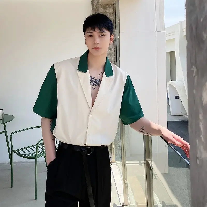 

Summer 2022 Korean Streetwear Ins Patchwork Notched Collar Short Sleeve Shirt Men High-end Handsome Loose Hair Stylist Shirt