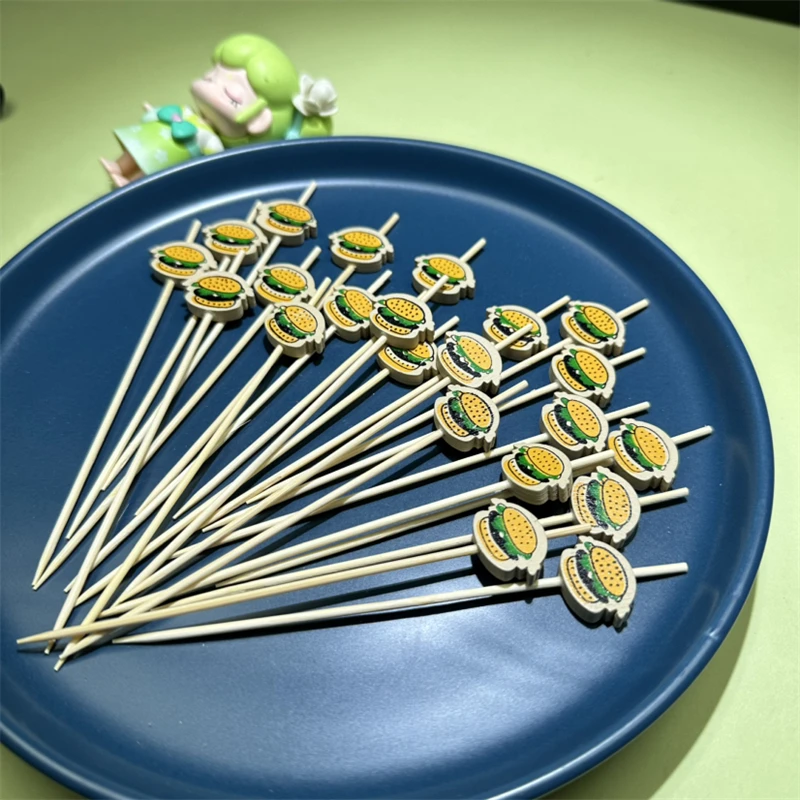 Description Picture 6 of item100pcs/set Hamburger Garnish Bamboo Sticks Disposable Fruit Fork Themed Party Food Sandwich Decorations Snack Skewers Supplies