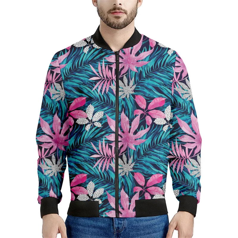 thumbnail image 1 of Chaqueta con cremallera y estampado 3D de flores hawaianas para hombre, sudaderas con estampado de plantas tropicales, abrigos bombarderos de gran tamaño y mangas largas, 1 of 5