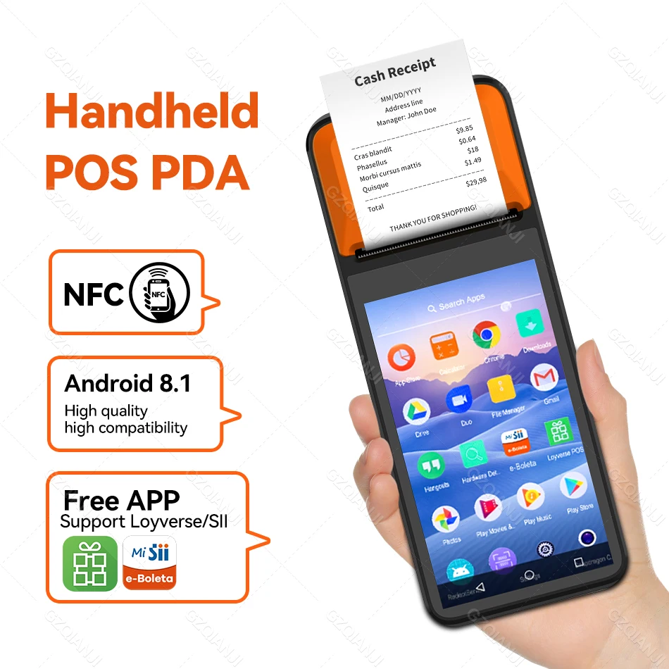 휴대용 POS 안드로이드 터미널, PDA 블루투스, 58mm 열 빌 프린터, 휴대용 장치 카메라, NFC 모바일 POS E-bolate Loyverse