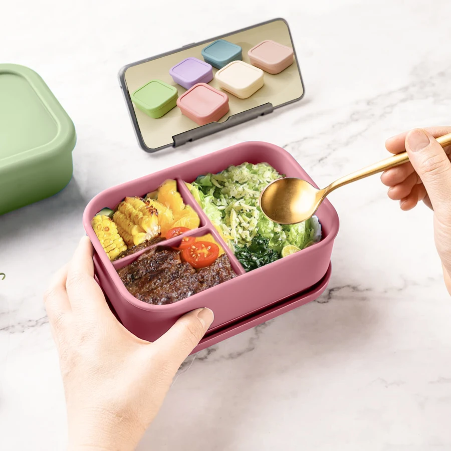 1PCS Baby Silicone Tableware Fruit Bento Box With Lid Students Portable Compartmentalized Storage Silicone Fresh-keeping Bowl 3