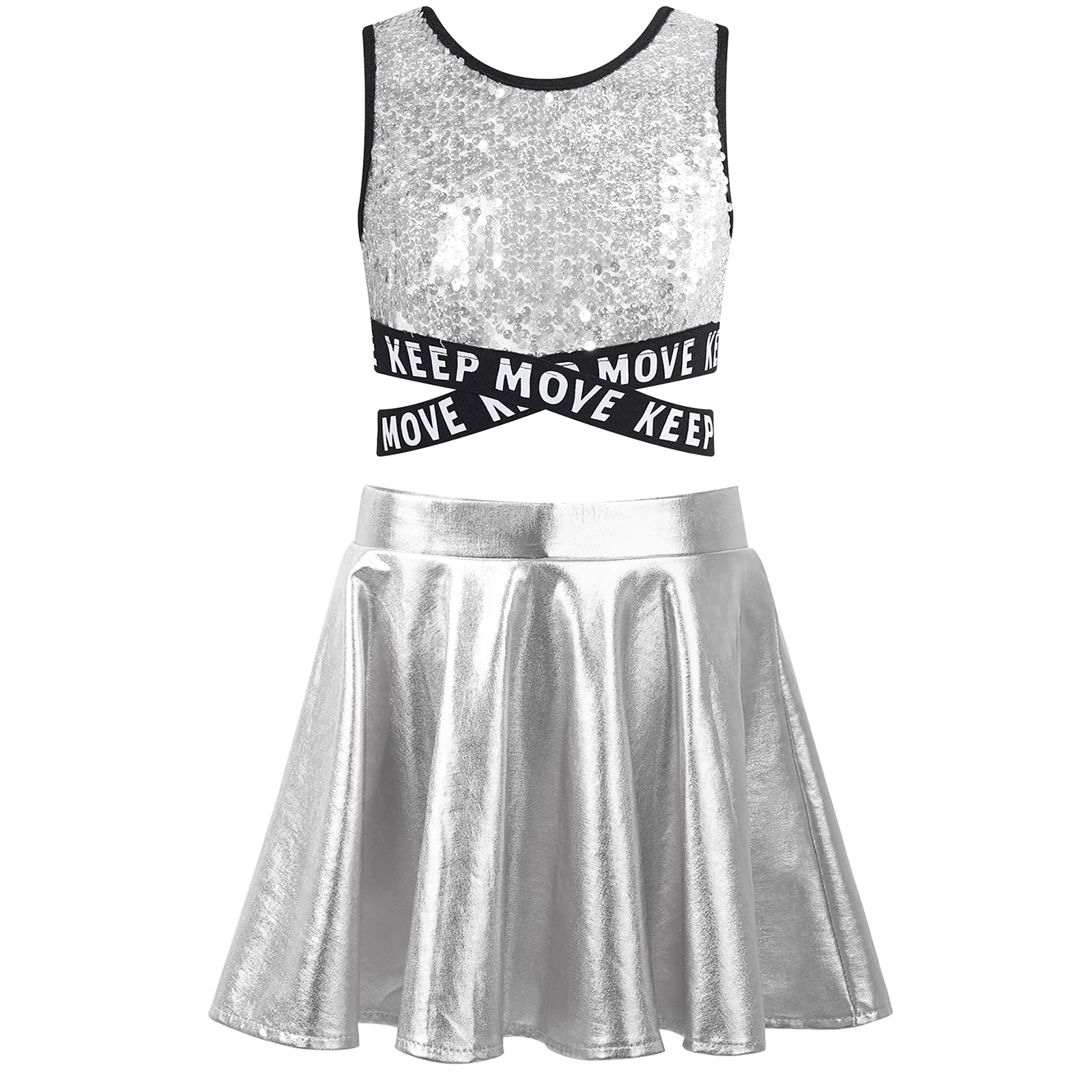 Kids Girls Jazz Cheer Dance Outfit Cheerleader Costume Sequins Crop Top Skirt for Cheerleading Uniform Dancewear Hip-hop Clothes