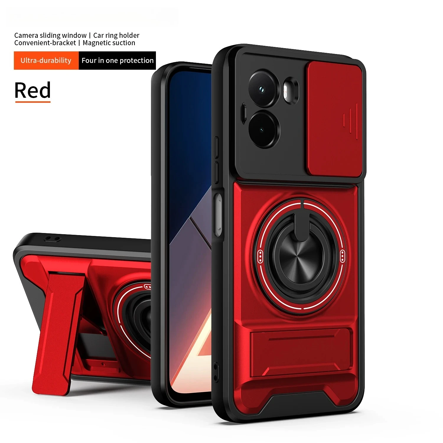 Magnetic Ring Car Mount Phone Case with Sliding Lens Cover and Dual Bracket Design