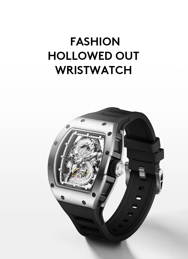 Dragon Mechanische Herrenuhr Tonneau-Gehäuse Automatik Skelett Edelstahl Armbanduhr Leuchtend Wasserdicht Silikonarmband – Detail 2