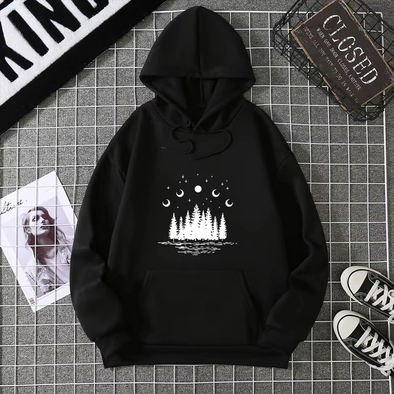 Women Hooded Dark Forest Print Hoodie