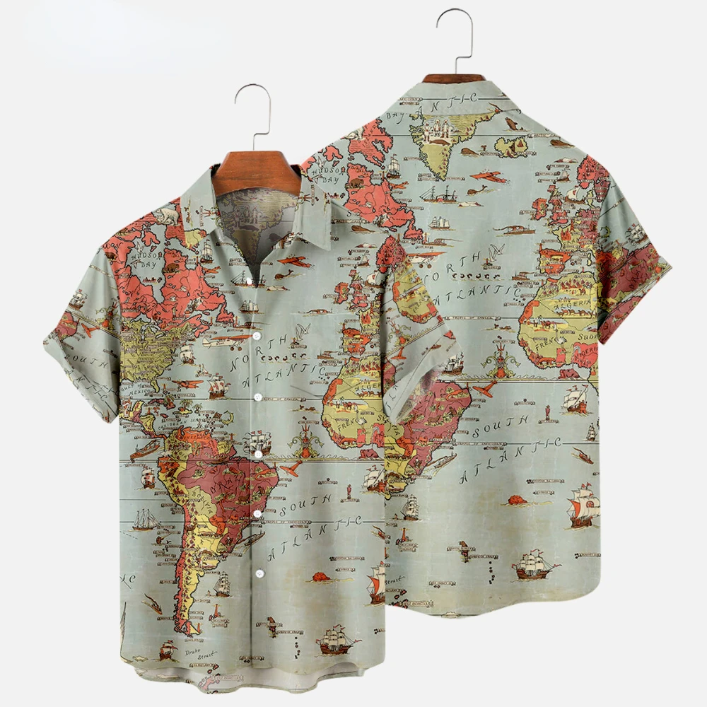 Hawaiian Men&rsquo;s Slim Fit Shirt Floral Men Fashion Map 3d Print Summer Beach Blouse