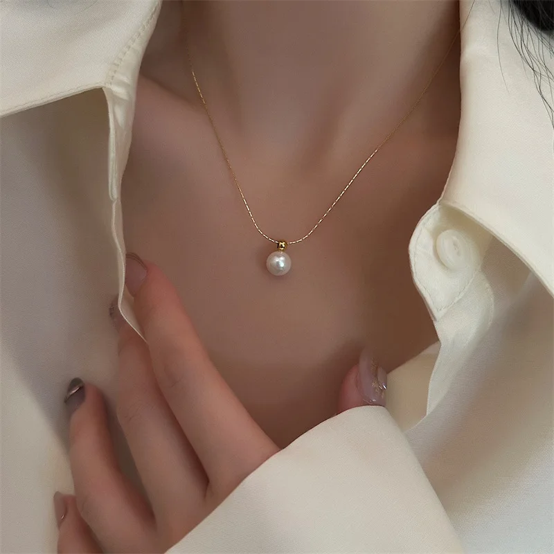 316L Stainless Steel Elegant One Shiny Pearl Necklace Female Minimalist Temperament French Exquisite Wedding Jewelry No Fading 6